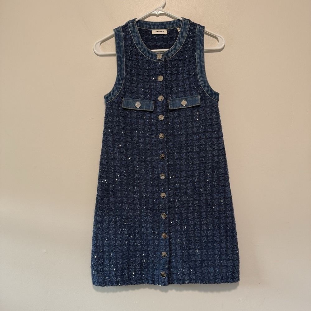 Sandro Blue tweed denim Mini Dress size 34 - Picture 3 of 9
